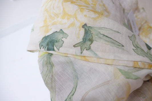 Floral linen tank top featuring a soft yellow rose pattern. This is a cool linen top perfect for white pants.
