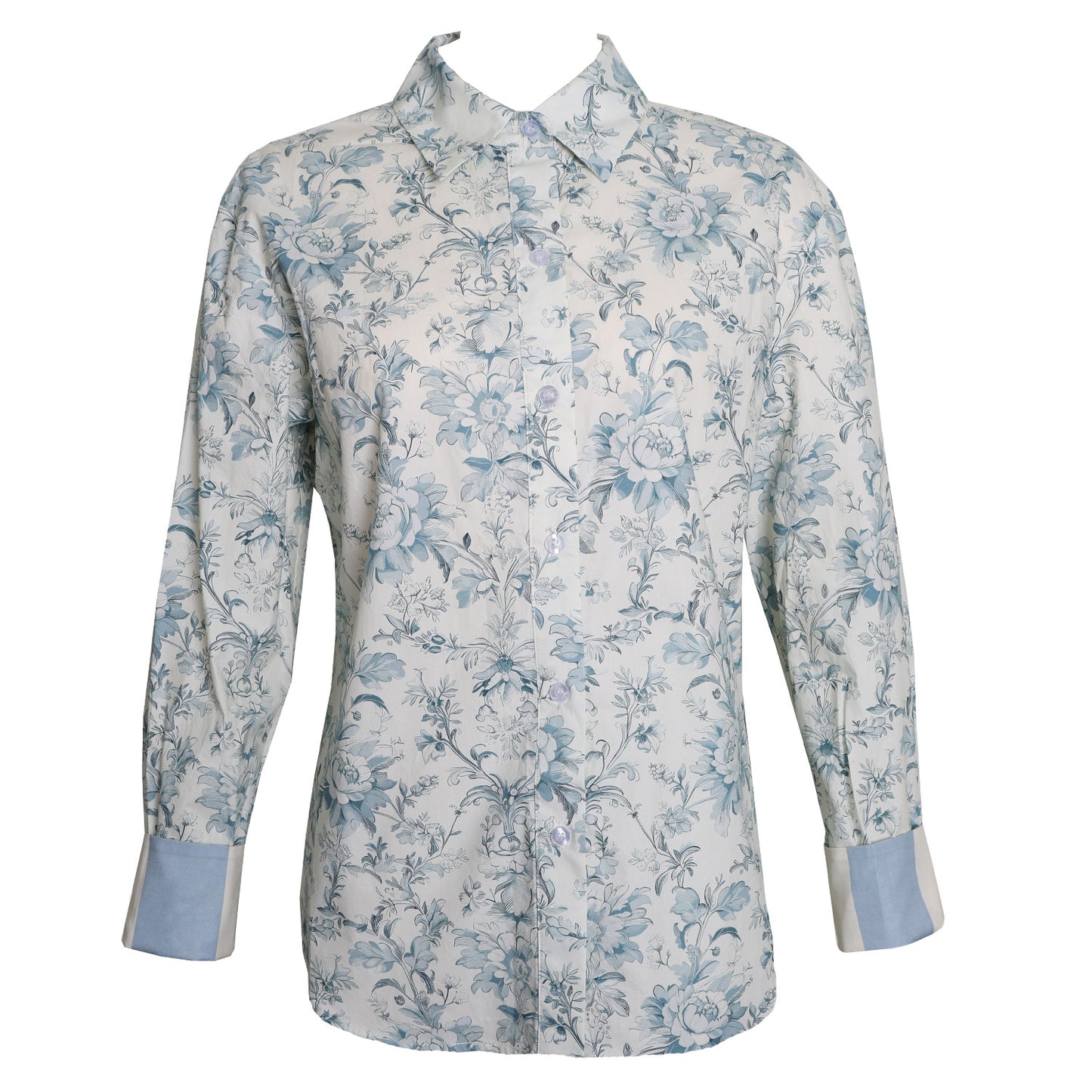 Floral patterned shirt with blue accents on a white background
