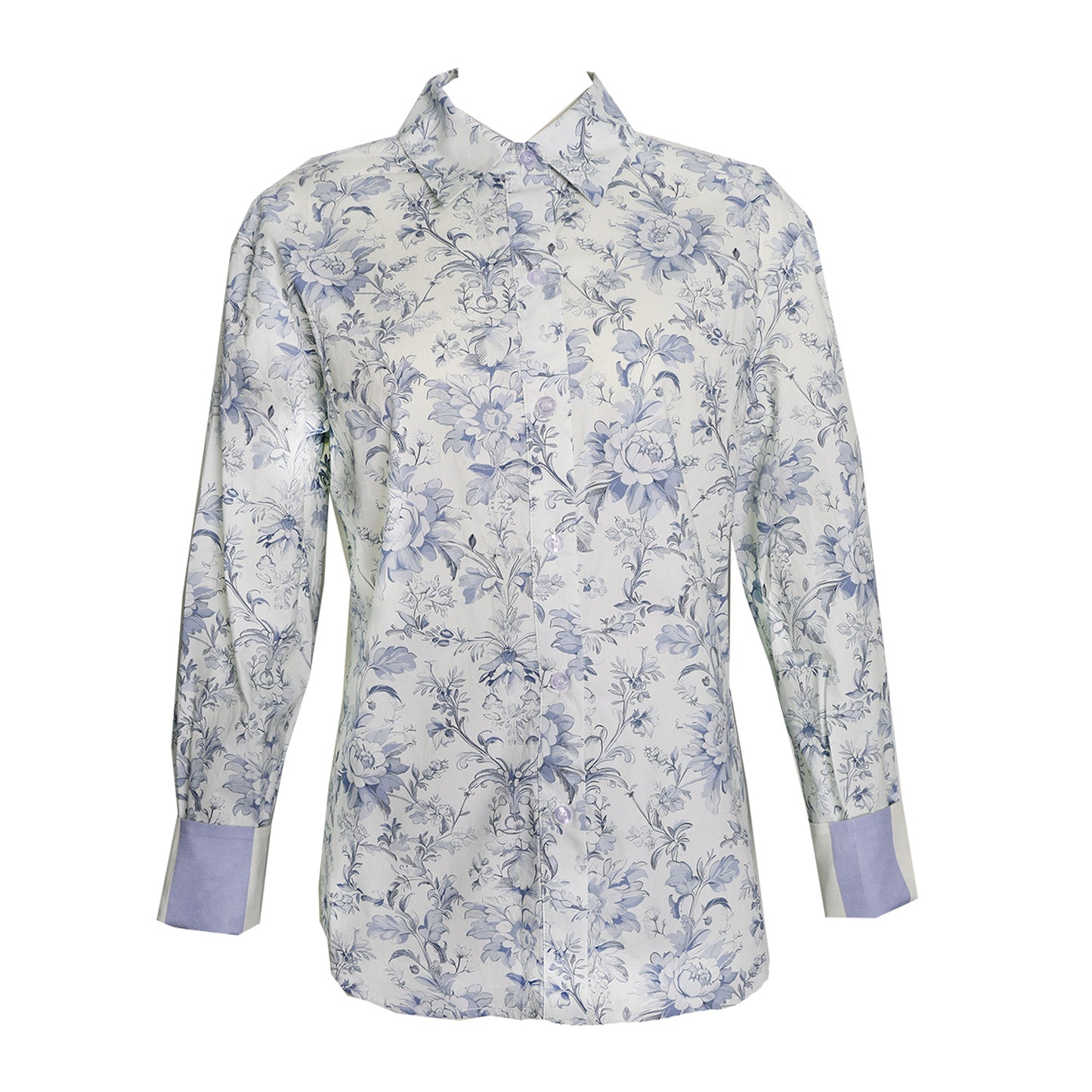 Floral patterned shirt with blue accents on a white background