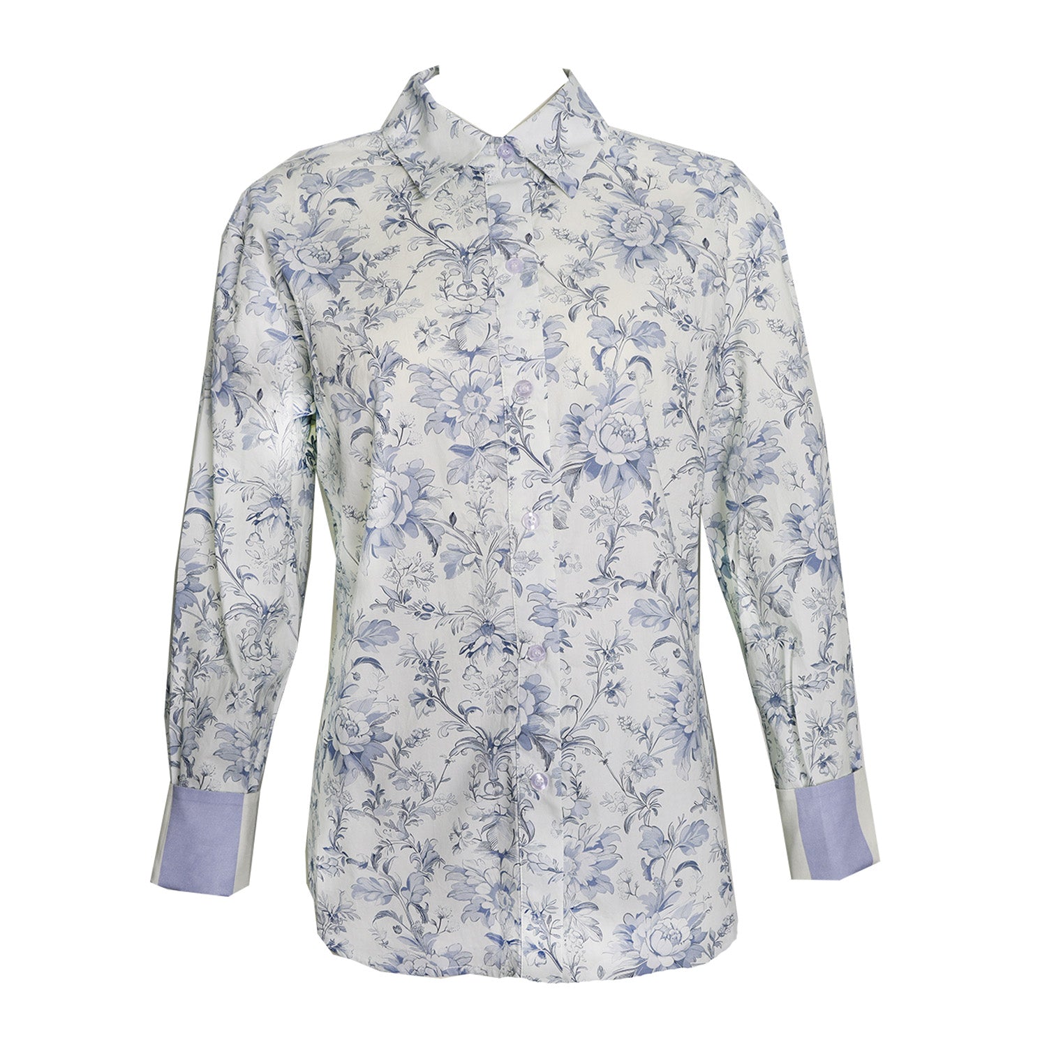 Floral patterned shirt with blue accents on a white background