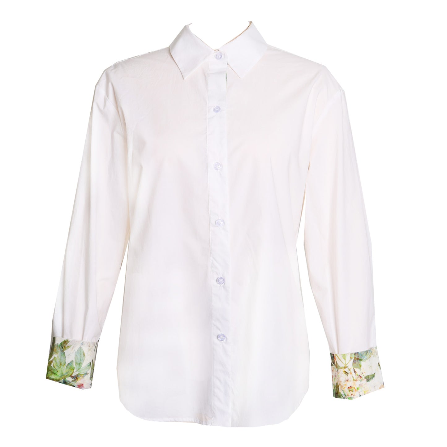 White shirt with floral cuffs on a white background